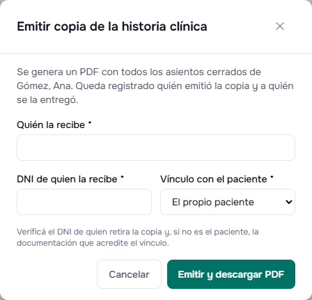 Formulario para emitir la copia de la historia clínica con los datos de quien la recibe