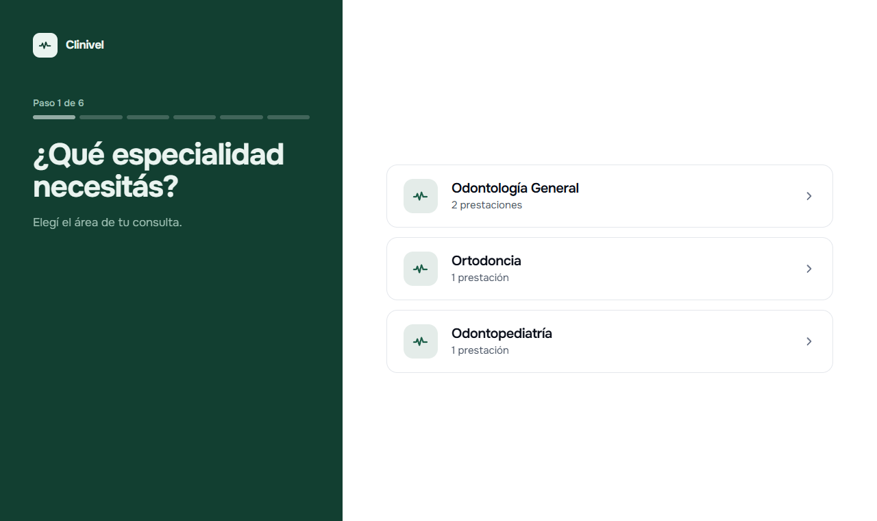 Primer paso de la reserva online: elegir la especialidad